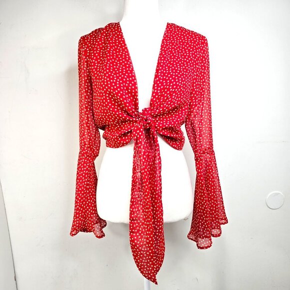 Urban Outfitters Terracota Brown Star Print Tie Front Bell Sleeve Cropped Top - Picture 4 of 11